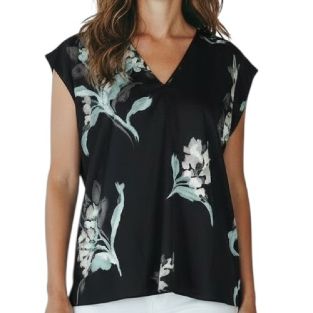 NWT WHITE HOUSE BLACK MARKET Black Floral Short Sleeve V-Neck Blouse Size Large